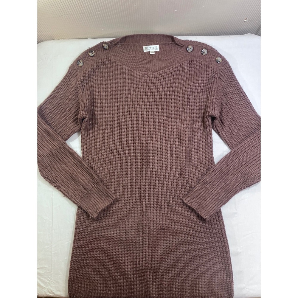 Say What? Womens Large Brown‎ Chunky Waffle Knit Button Shoulder Tunic Sweater